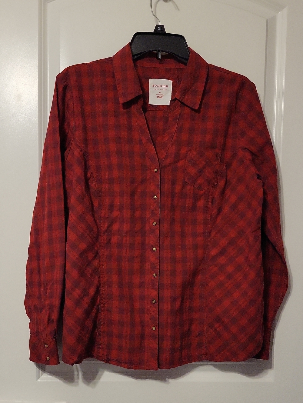 Sonoma Women's XL, Red/blue Plaid, Cotton L/S, V-Neck, Shirt. Like New